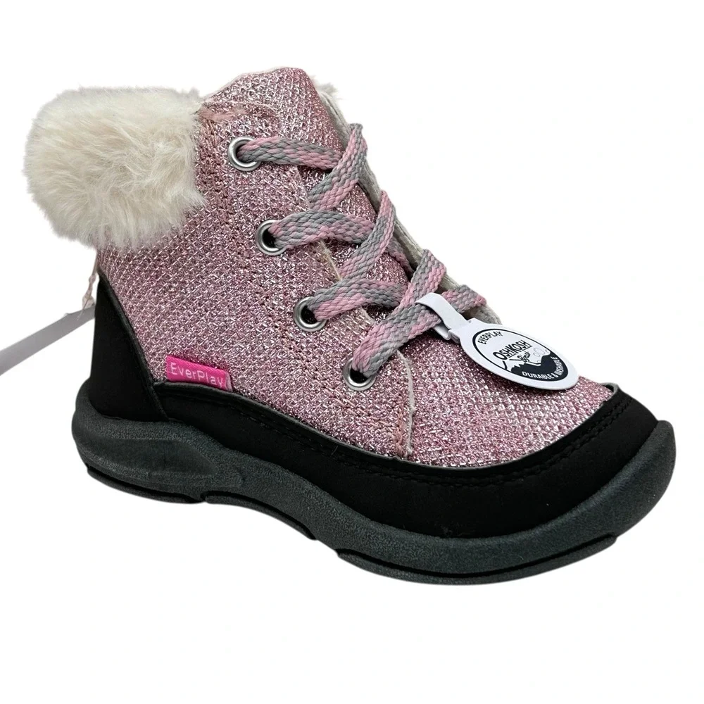 OshKosh BGosh‎ Toddler Girls Ankle Winter Boots Size 10 Pink Black Faux Fur Trim
